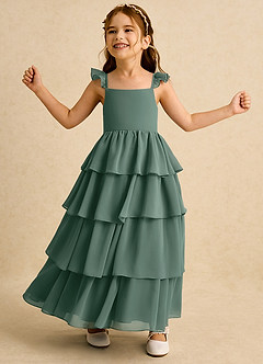 Azazie Boba Flower Girl Dresses Sea Moss A-Line Square Neckline Chiffon Dress image3