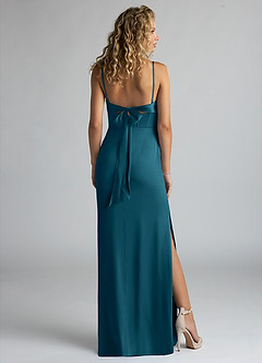 Azazie Mai Bridesmaid Dresses Ink Blue Sheath Pleated Stretch Satin Dress image2