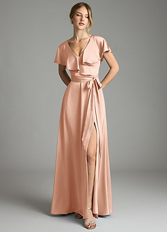 Azazie Lainey Vestidos de damas de honor Vestido de Oro Rosa de Satén Elástico de Corte en A con Con bolsillos image3