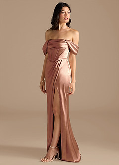 Azazie Lynden Bridesmaid Dresses Bronzer Sheath Off the Shoulder Metallic Satin Convertible Dress image7