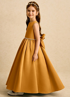 Azazie Daisies Flower Girl Dresses Butterscotch Ball-Gown Bow Matte Satin Dress image4