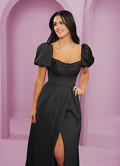 Barbie ♥ Azazie Bridesmaid Dresses Black A-Line Ruched Stretch Satin Dress image5