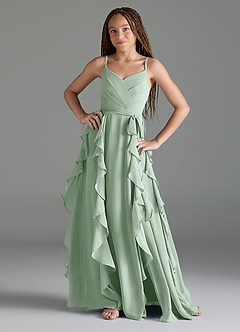 Azazie Peyton Junior Agave A-Line V-Neck Cascading Ruffles Chiffon Dress image1
