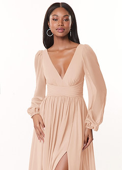Azazie Norah Bridesmaid Dresses English Rose A-Line V-Neck Long Sleeve Chiffon Dress image5