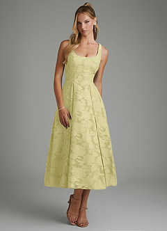 Azazie Isabella At-home Try On Dresses Lemon Sorbet A-Line Corset Floral Burnout Dress image5