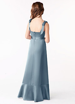 Azazie Barbara Junior Dusty Blue A-Line Bow Stretch Satin Dress image3