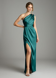 Azazie Emorie Final Sale Peacock Sheath One Shoulder Stretch Satin Dress image1