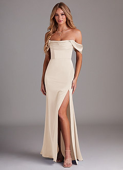 Azazie Saige Vestidos de damas de honor Vestido de Alabastro Blanco de Satén Elástico de Corte Recto con Vestidos sin tirantes image1