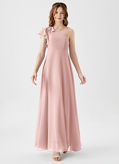 Azazie Arabella Junior Powder Pink A-Line Ruched Chiffon Dress image5