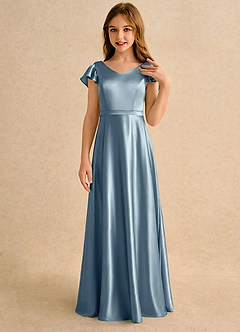 Azazie Nari Girls Formal Sukienki dla dziewczynek sypiących kwiaty Linia A z rękawami Satyna elastyczna Długość podłogi Sukienka image5