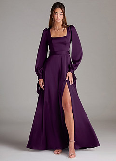 Azazie Leonia Brautjungfernkleider A-Linie Langarm Stretch-Satin Kleid Traube image1