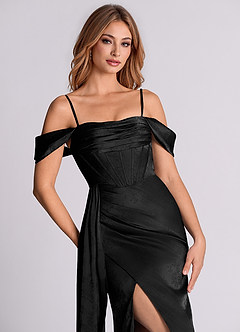 Azazie Amyra 신부 들러리 드레스 인어 오프 더 숄더 자카드 바닥 길이 드레스 image2