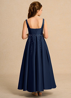 Azazie Mochi Girl Jurken voor bloemenmeisjes Baljurk Jurk van Mat Satijn Geplooid Donkere Marine image2