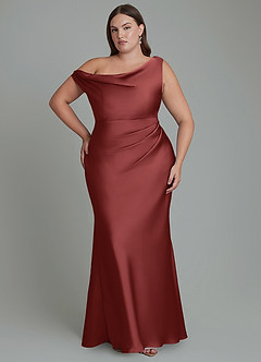 Azazie Emerson Bridesmaid Dresses Terracotta Mermaid Off the Shoulder Stretch Satin Dress image8