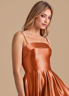 Azazie Lucienne Bridesmaid Dresses Burnt Orange A-Line Pleated Metallic Satin Dress image7