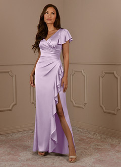 Azazie Roya Mother of the Bride Dresses Frosted Lilac Mermaid V-Neck Pleated Stretch Satin Dress image1