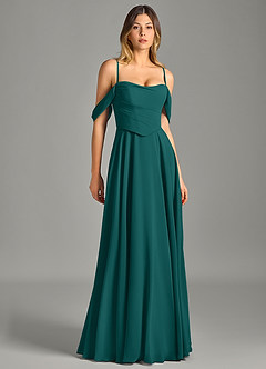 Azazie Chelsey Abiti da Damigella Abito Convertibile A-Line in Chiffon a Spalla Scoperta Verde Pavone image3