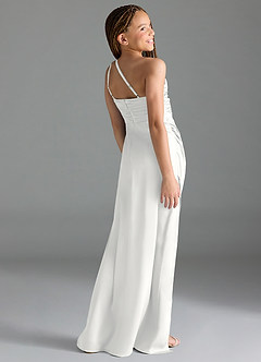 Azazie Eren Junior Vestido Branco de Cetim elástico de Bainha com Plissado image5