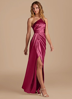 Azazie Mika Bridesmaid Dresses Burgundy Sheath One Shoulder Metallic Satin Dress image4
