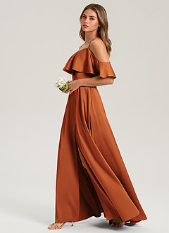 Azazie Jean Bridesmaid Dresses Cinnamon A-Line Off the Shoulder Stretch Satin Dress image5
