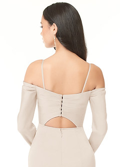 Azazie Hallie Bridesmaid Dresses White Alabaster Sheath Off-The-Shoulder Long Sleeve Stretch Satin Convertible Dress image8