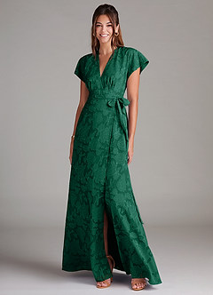 Azazie Ling Bridesmaid Dresses Emerald A-Line Pleated Floral Burnout Dress image3