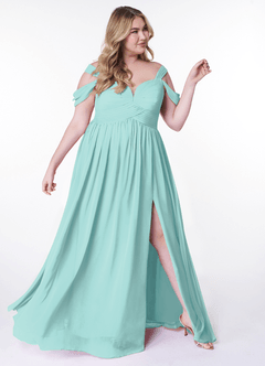 Azazie Lianne Bridesmaid Dresses Aqua A-Line Off the Shoulder Chiffon Dress image4