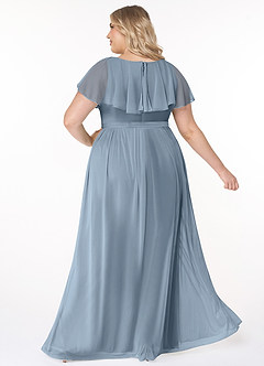 Azazie Jael Robes de demoiselle d'honneur Robe Trapèze en Maille Col en V Bleu Poussiéreux image10
