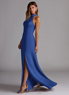 Azazie Myra Robes de demoiselle d'honneur Robe Trapèze en Satin extensible Fente Latérale Bleu Roi image5