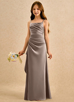 Azazie Cannoli Girls Formal Robe Demoiselle D'honneur Fillette Robe Trapèze en Mat Satiné Plissée Taupe image5