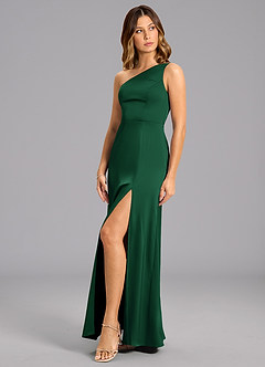 Azazie Phaedra Bridesmaid Dresses Dark Green A-Line One Shoulder Stretch Satin Dress image3