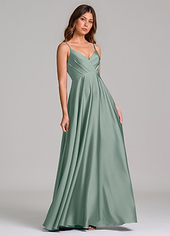 Azazie Amani Bridesmaid Dresses Silver Sage A-Line Pleated Stretch Satin Dress image1