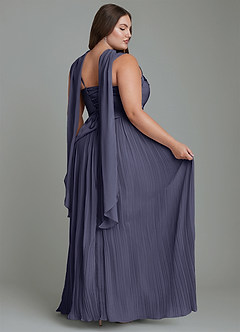 Azazie Stephanie Robes de demoiselle d'honneur Robe Trapèze en Satin extensible Plissé Bleu Orageux image16