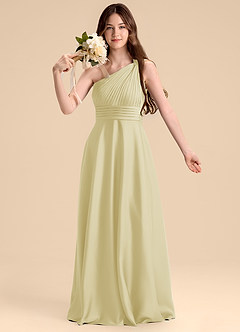 Azazie Charlize Junior Lemon Sorbet A-Line Pleated Stretch Satin Dress image6