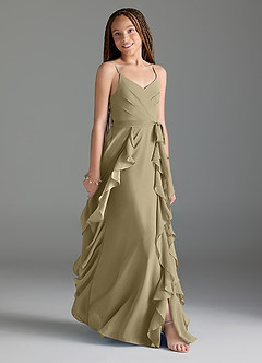Azazie Peyton Junior Moss Green A-Line V-Neck Cascading Ruffles Chiffon Dress image3