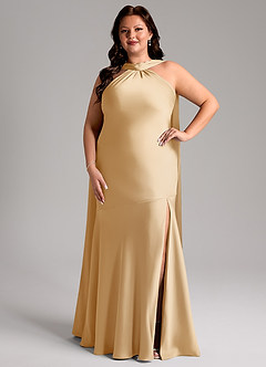 Azazie Kinsley Vestidos de madrinha de casamento Vestido Ouro de Cetim elástico de sereia com Fenda Lateral image8