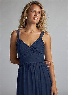 Azazie Aziza Bridesmaid Dresses Dark Navy A-Line V-Neck Pleated Chiffon Dress image5