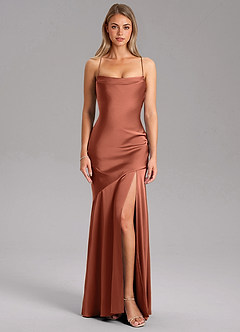 Azazie Grata Bridesmaid Dresses Clay Sheath Side Slit Stretch Satin Dress image3