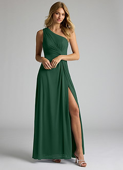 Azazie Brooke Bridesmaid Dresses Dark Green A-Line One Shoulder Mesh Dress image1