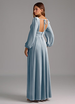 Azazie Norah Bridesmaid Dresses Dusty Blue A-Line Long Sleeve Velvet Dress image3