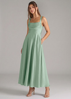 Azazie Shaude Bridesmaid Dresses Agave A-Line Pleated Stretch Satin Dress image5