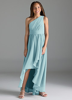 Azazie Mathilda Junior Sea Glass A-Line Pleated Chiffon Dress image4