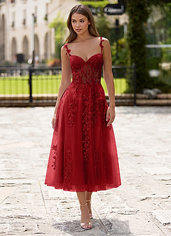 Zosia Red Lace A-line Lace Up Back Midi Dress image4