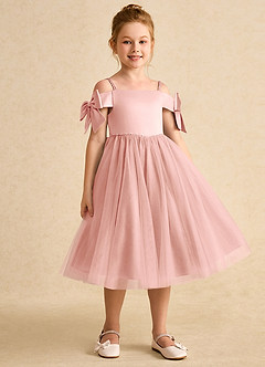 Azazie Amie Flower Girl Dresses Rosette A-Line Off the Shoulder Matte Satin Dress image5