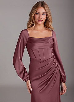 Azazie Charissa Bridesmaid Dresses Desert Rose Sheath Long Sleeve Stretch Satin Dress image7