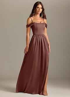 Azazie Calianna Bridesmaid Dresses Espresso A-Line Off the Shoulder Stretch Satin Convertible Dress image7