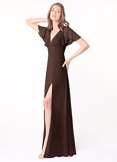 Azazie Kimber Brautjungfernkleider A-Linie Volantärmel Chiffon Kleid Ganache image4