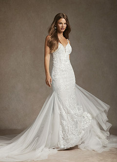Azazie Josephine At-home Try On Dresses Diamond White Mermaid V-Neck Sequins Tulle Dress image3