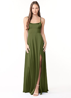 Azazie Halsey Ready to Ship Olive Stretch Satin Bridesmaid Dresses | Azazie