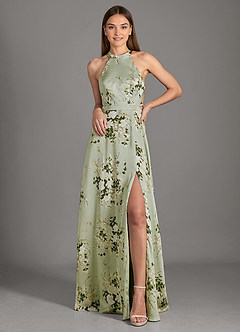 Azazie Clarice Bridesmaid Dresses Floral Vines A-Line High Neck Stretch Satin Dress image5